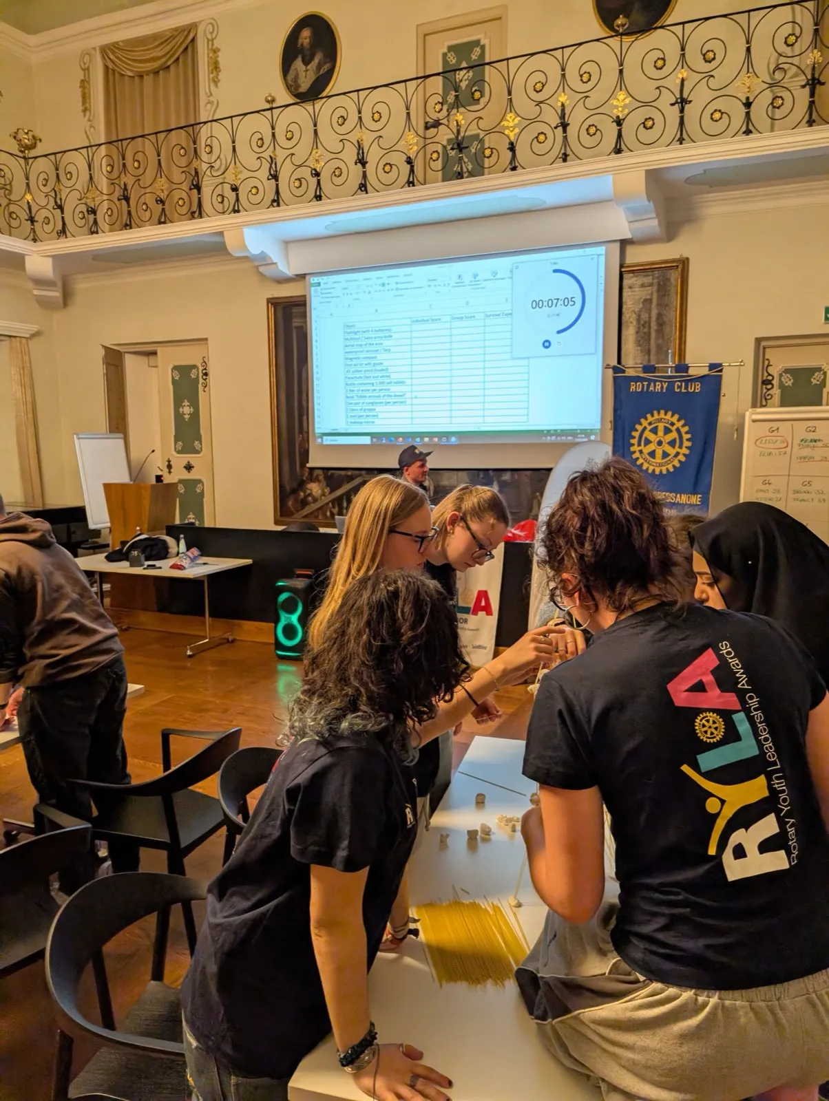 Participants gathered around a table building a small model while a timed survival exercise is projected on the wall behind